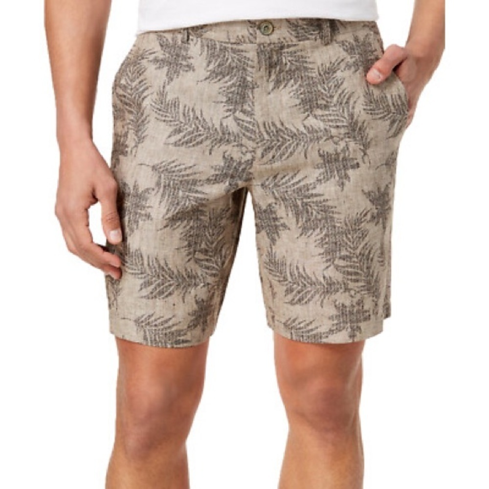 Tasso Elba Men’s 44 Beige Fern-Print 100% Linen Chino Flat Front Shorts